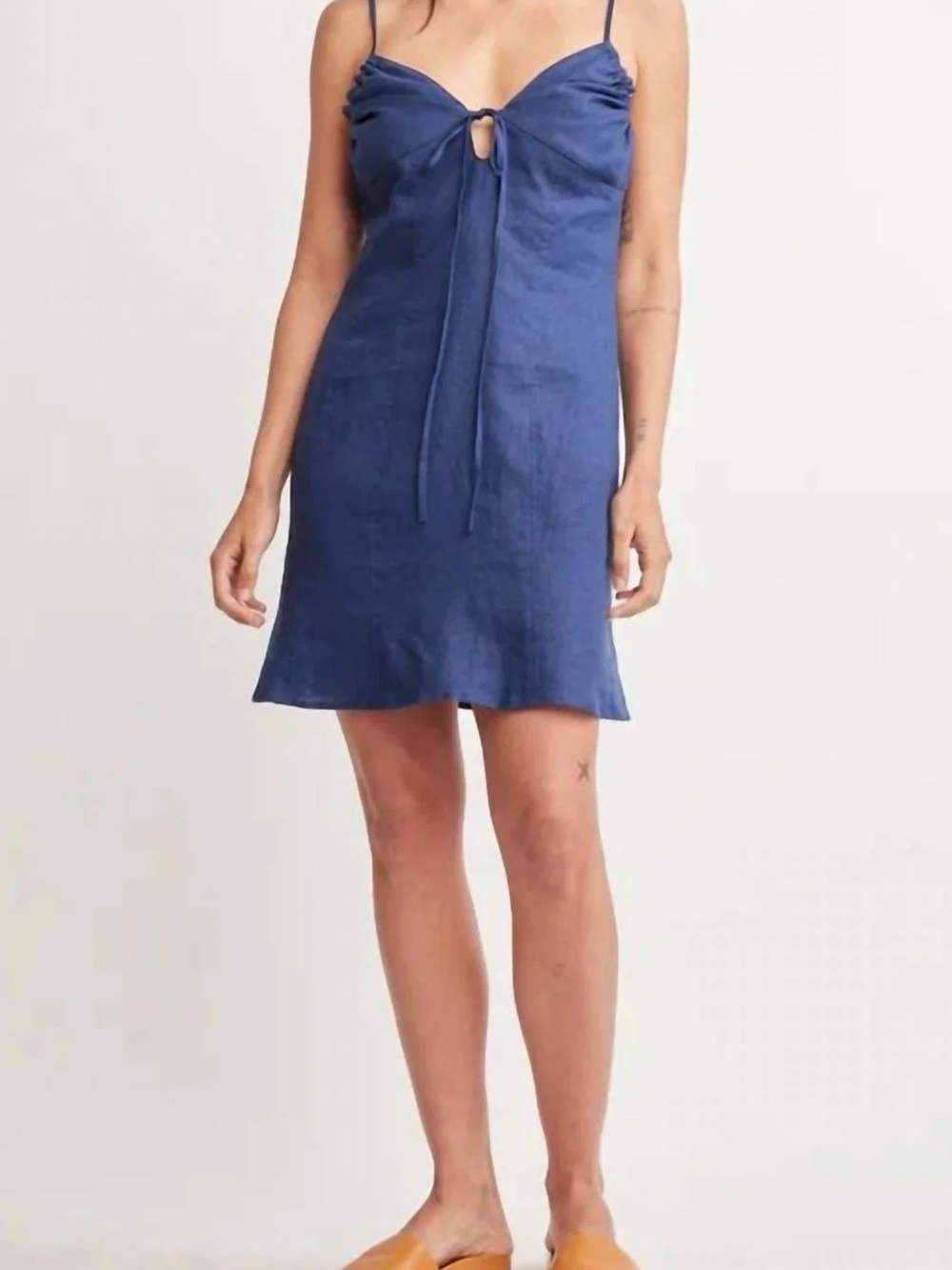 Anthropologie Self Contrast Anais Navy Linen Tie Front Mini Dress XS NWT
